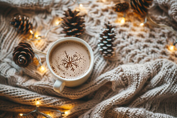 Cozy Christmas background with knitted blanket, cup of cocoa, pine cones and fairy lights, warm tones, soft focus, flat lay, lifestyle aesthetic