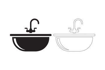 Black and white icons of a kitchen sink and faucet