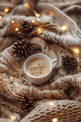 Cozy Christmas background with knitted blanket, cup of cocoa, pine cones and fairy lights, warm tones, soft focus, flat lay, lifestyle aesthetic