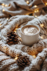 Cozy Christmas background with knitted blanket, cup of cocoa, pine cones and fairy lights, warm tones, soft focus, flat lay, lifestyle aesthetic