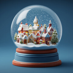 A snow globe with snow, stars, inside is a small house and trees on a solid background	