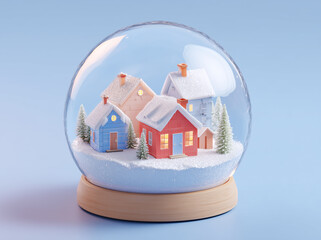 A snow globe with snow, stars, inside is a small house and trees on a solid background	