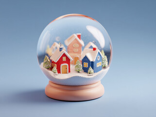 A snow globe with snow, stars, inside is a small house and trees on a solid background	