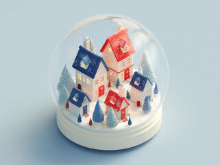 A snow globe with snow, stars, inside is a small house and trees on a solid background	