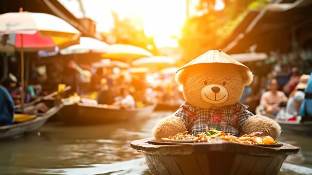 A cheerful teddy bear sits in a small boat at a bustling floating market, enjoying a plate of food while looking out at the vibrant scene. This floating market is filled with color