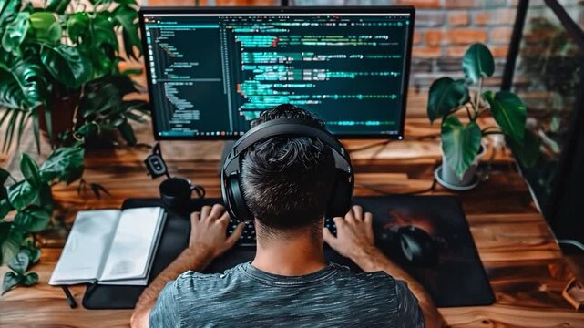Individual is focused on coding at a wooden desk in a stylish workspace. The bright environment features plants and a large computer screen displaying code, creating an inspiring atmosphere