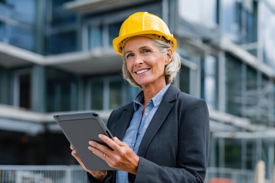 Smiling senior engineer in hard hat with tablet, modern building site. - Powered by Adobe