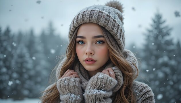 A beautiful woman in winter clothing stands amidst a snowy forest scene