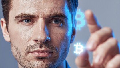 Man with digital bitcoin hologram