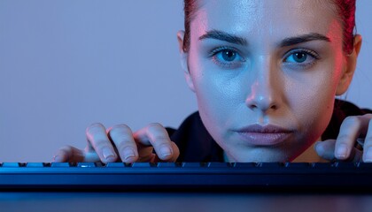 Focused woman typing on keyboard