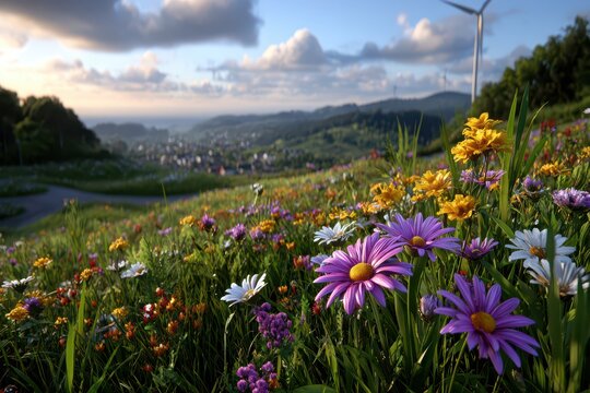 Wildflowers bloom on a hill over a village with distant wind turbines.
