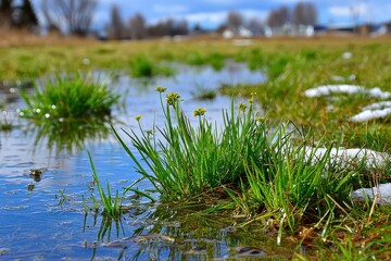 Obraz premium Lush green grass and yellow flowers in spring puddles with melting snow.