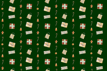 Watercolor Christmas seamless pattern with festive gift boxes, holiday sweets, cookies, candy canes, and oranges. Perfect for wrapping paper, textiles, wallpaper, and festive design projects.