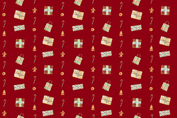 Watercolor Christmas seamless pattern with festive gift boxes, holiday sweets, cookies, candy canes, and oranges. Perfect for wrapping paper, textiles, wallpaper, and festive design projects.
