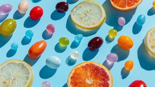Colorful assortment of citrus slices and jelly beans on a vibrant blue background