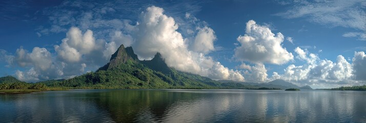 Stunning Landscape of Kosrae: Serene Waters and Majestic Mountains Under a Summer Sky