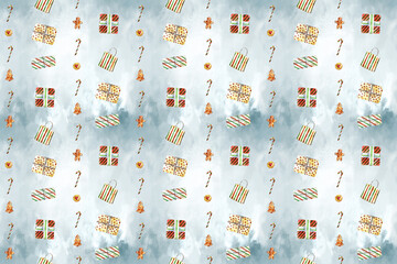 Watercolor Christmas seamless pattern with festive gift boxes, holiday sweets, cookies, candy canes, and oranges. Perfect for wrapping paper, textiles, wallpaper, and festive design projects.