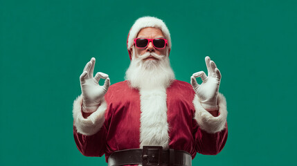 Santa Claus in sunglasses making hand gestures with a festive green background for holiday cheer