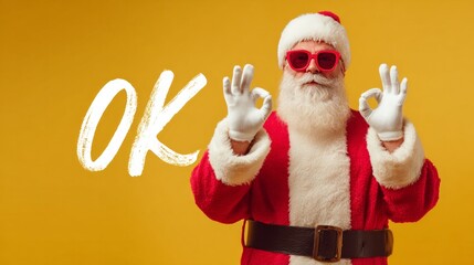 Santa Claus in festive attire making an OK gesture against a vibrant yellow background with text OK