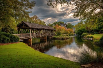 Fototapeta premium Scenic Wooden Bridge at Sunset in Garrard Landing Park, Alpharetta Georgia â€“ Embraced by Lush Trees and Vibrant Autumn Hues