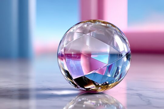 Faceted crystal sphere reflecting vibrant light on polished surface.
