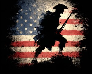 Vintage Minuteman: The American Patriot Soldier with Retro Flag Symbolizing Revolutionary Spirit