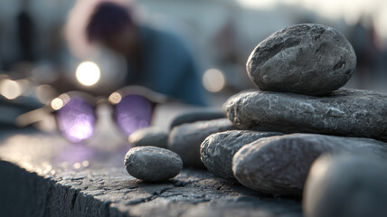 Stacked stones and sun-reflected eyewear offer a moment of pause. Enjoying nature's simplicity in a tranquil outdoor setting. 