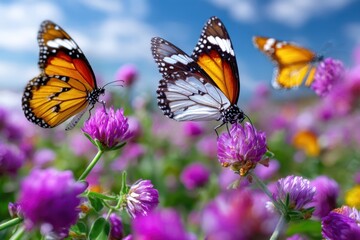 Obraz premium Colorful butterflies fluttering among vibrant flowers in a sunny meadow