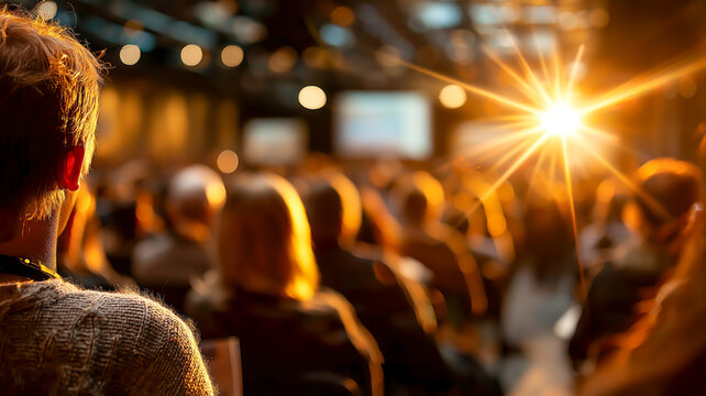 Engaged audience at a conference, bathed in bright lights. The speaker is unseen, yet felt, creating an atmosphere of collective learning.