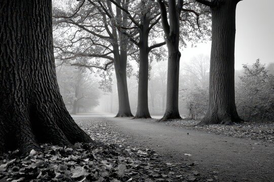 A serene misty forest path with towering trees and scattered leaves, captured in a monochromatic tone.