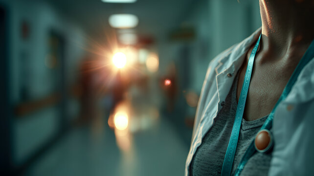 Focused image on a healthcare professional with lanyard in a bright, clean, modern hospital. Ideal representation of medical staff. - Powered by Adobe