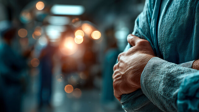 Close up of a surgeon with the scrubs on and arms crossed in the operating room with surgical lights in the background and bokeh