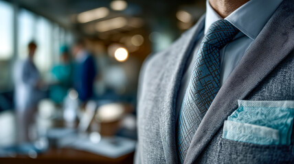 Close-up of a person in a suit with a blue patterned tie and pocket square, suggesting sophistication and professional attire.