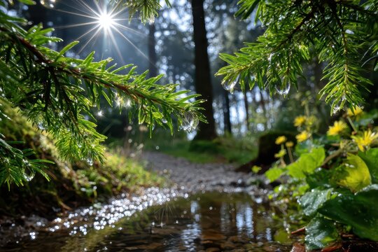 Glistening water droplets on vibrant pine branches, illuminated by sun.