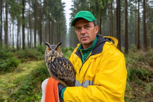 A focused man holding a majestic Eurasian eagle-owl in a dense green forest.