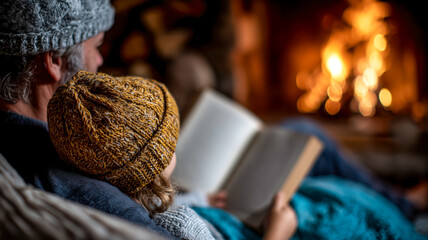 Cozy evening reading by the fire, bonding over stories. Sweet moments shared between generations create warmth and cherished memories.
