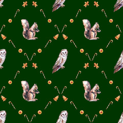 Watercolor Christmas seamless pattern with winter forest animals and festive treats. Features deer, fox, owl, squirrel, gingerbread cookies, dried oranges, and candy canes. 