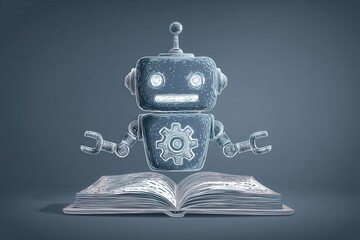 Conceptual robot emerging from an open book representing artificial intelligence literacy alongside modern education and knowledge innovation captured with clarity