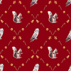 Watercolor Christmas seamless pattern with winter forest animals and festive treats. Features deer, fox, owl, squirrel, gingerbread cookies, dried oranges, and candy canes. 