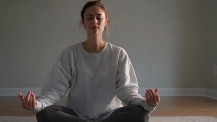 Woman sits with crossed legs on mat looking down, feeling sad. Lifestyle shot of a female in introspection, meditation concept.