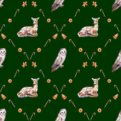Watercolor Christmas seamless pattern with winter forest animals and festive treats. Features deer, fox, owl, squirrel, gingerbread cookies, dried oranges, and candy canes. 
