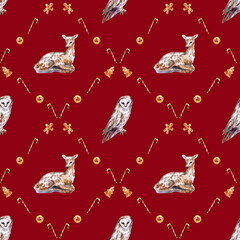Watercolor Christmas seamless pattern with winter forest animals and festive treats. Features deer, fox, owl, squirrel, gingerbread cookies, dried oranges, and candy canes. 