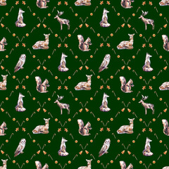 Watercolor Christmas seamless pattern with winter forest animals and festive treats. Features deer, fox, owl, squirrel, gingerbread cookies, dried oranges, and candy canes. 