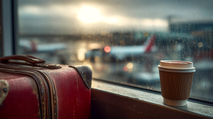 A vintage suitcase sits next to a cup of coffee by the window, with airplanes visible outside on a rainy day. Travel vibes!