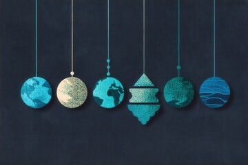 Intricate Hanging Ornaments Depicting Global Landscapes and Geometric Patterns in Cool Tones Evoking Modern Minimalism and Artistic Expression captured with clarity
