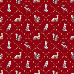 Watercolor Christmas seamless pattern with winter forest animals and festive treats. Features deer, fox, owl, squirrel, gingerbread cookies, dried oranges, and candy canes. 
