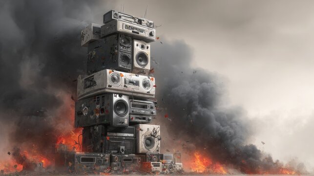 A towering pile of discarded electronics emits smoke and fire, symbolizing the environmental hazards of e-waste and pollution.