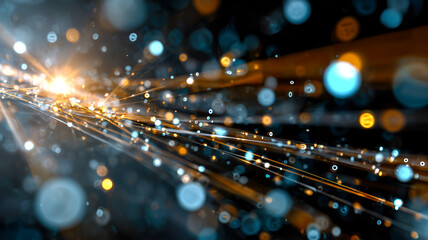 A dazzling display of luminous particles streams across a dark void, converging towards a bright, central burst of energy and motion.