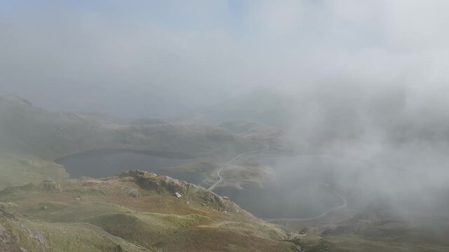 Pyg Track and Llyn Llydaw lake in clouds from a drone, Pen-y-Pass, mountain pass, Snowdonia, Gwynedd, north-west Wales, UK