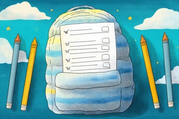 Creative checklist surrounded by colorful crayons and a stylish backpack against a bright blue sky and playful clouds evokes productivity and inspiration for academic success